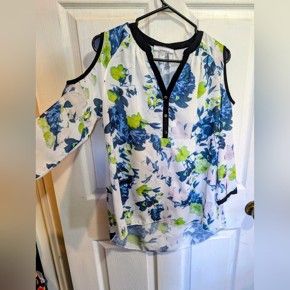 Lily Blue and Green Floral Cold Shoulder Blouse